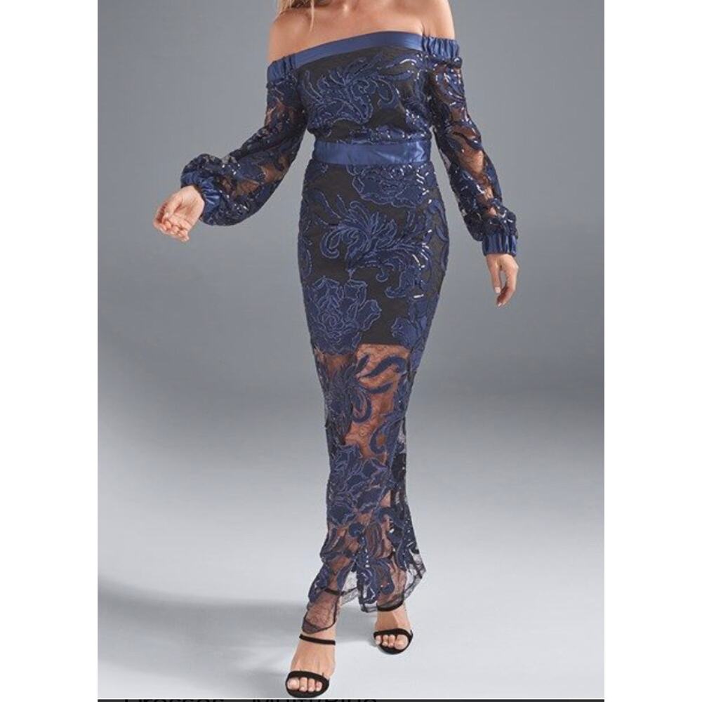 Off-Shoulder Navy Blue Lace Evening Dress